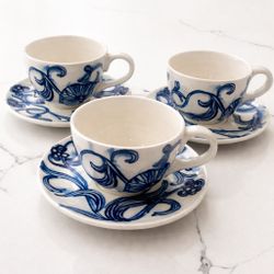Elegant Blue & White Ceramic Teacups & Saucers – Set of 3