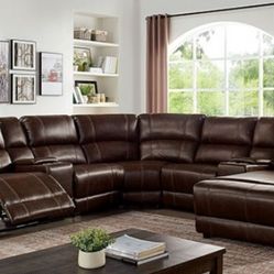 Brand New Plush Brown Leather Reclining Sectional Sofa