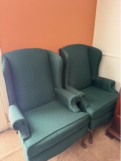 Pair of Green Patterned Wingback Chairs