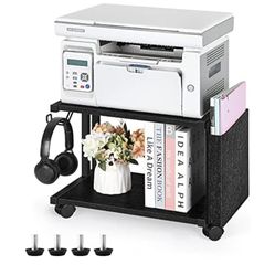 melos Printer Stand, 2-Tier Printer Stand with Storage, Mobile Printer Cart Shelf with Wheels, Under Desk Printer Stand for Fax Machine, Copier, Scann
