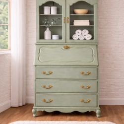 Vintage Sage Green Secretary Hutch – Antique Gold Hardware | French Cottage Charm