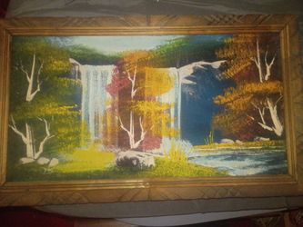 Vintage Velvet Framed Waterfall Landscape Painting