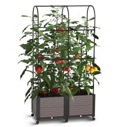 Raised Garden Bed Planter Box with Trellis Tomatoes Planters Outdoor Plastic Tomato Cage with Self-Watering Wheels