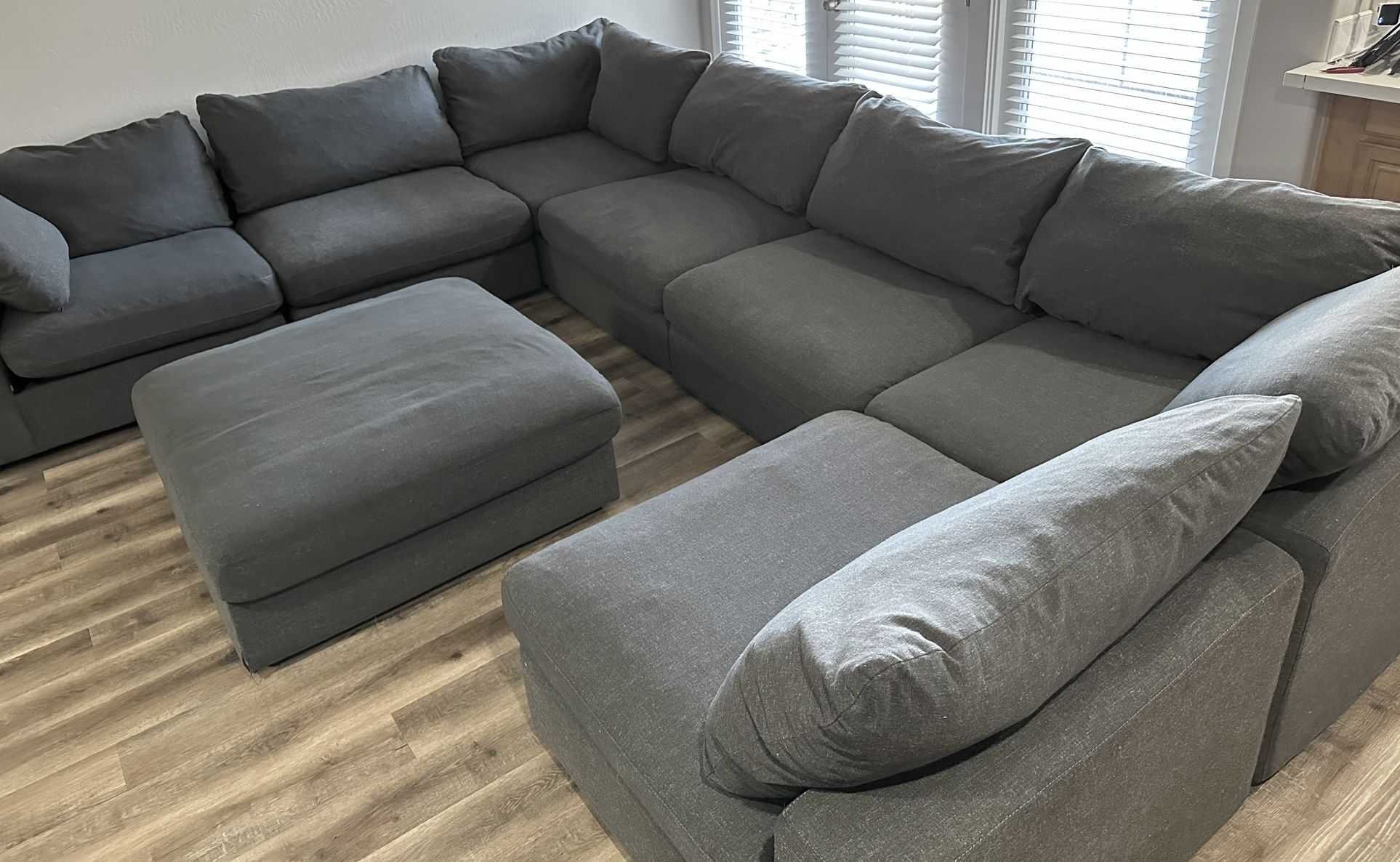 Coaster Furniture Serene Modular Down Feather Sectional & Ottoman, Charcoal Gray Linen Blend Fabric
