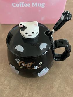 NWT Black Cat Mug, Lid, & Stainless Steel Spoon