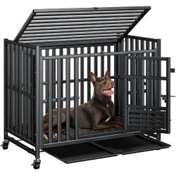 42 inch Heavy Duty Dog Crate, Upgraded Thickened Steel Frame Indestructible Kennel for Large & High Anxiety Dogs, Escape Proof Design with 3 Doors