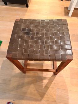 Woven Leather Strap Stool with Wood Frame