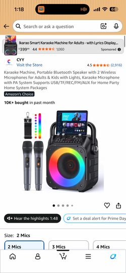 Karaoke Machine, Portable Bluetooth Speaker with 2 Wireless Microphones for Adults & Kids with Lights, Karaoke Microphone with PA System Supports USB/