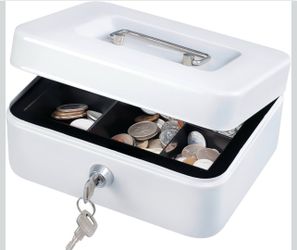 NEW - KYODOLED Medium Cash Box with Money Tray,Small Safe Lock Box with Key,Cash Drawer,7.87"x 6.30"x 3.54" White Medium