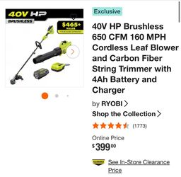 40V HP Brushless 650 CFM 160 MPH Cordless Leaf Blower and Carbon Fiber String Trimmer with 4Ah Battery and