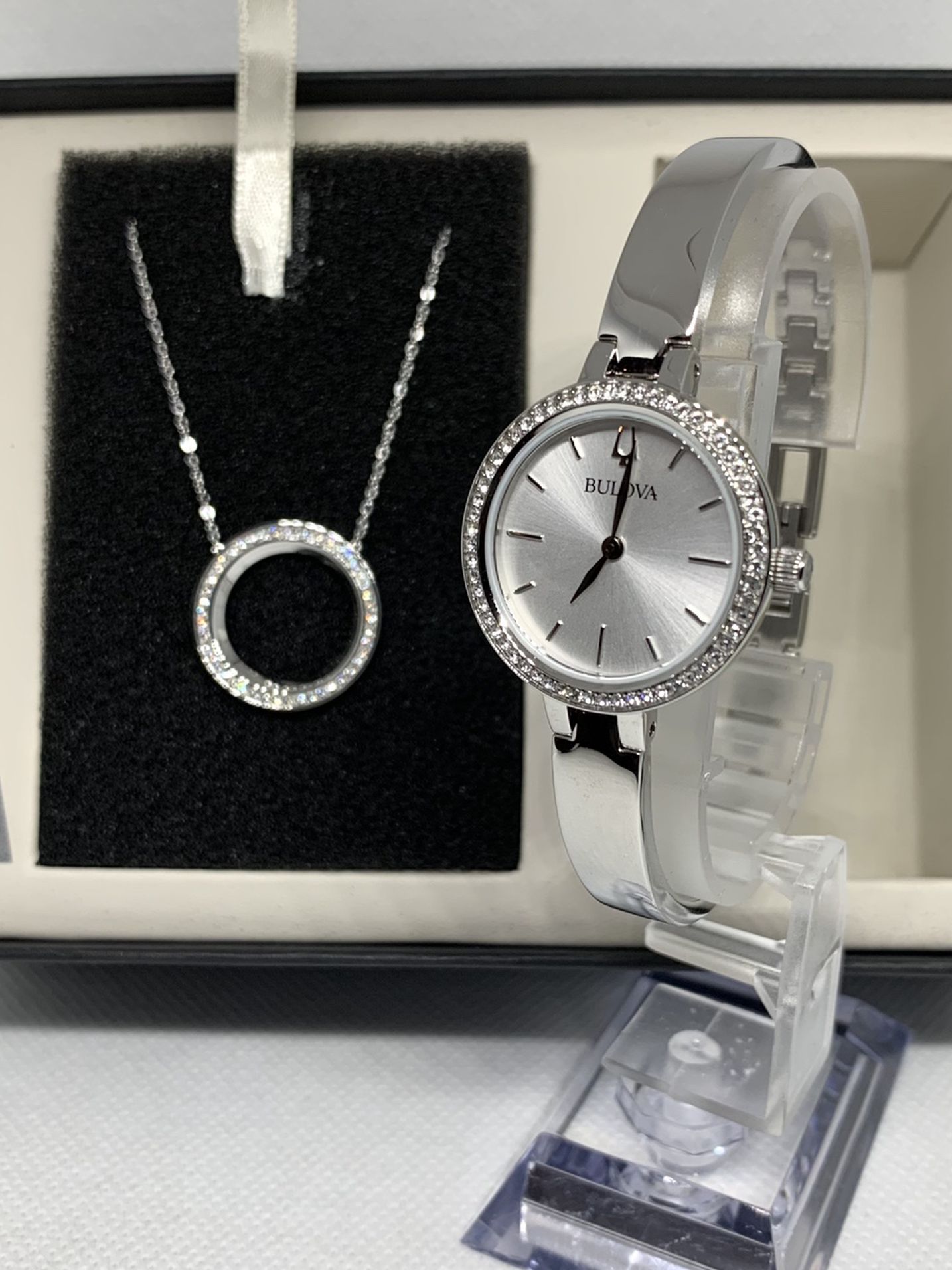 Bulova Stainless Steel Ladies Watch and Crystal Halo Pendant Set