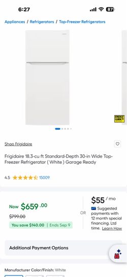 Frigidaire 18.3-cu ft Standard-Depth 30-in Wide Top-Freezer Refrigerator ( White ) Garage Ready