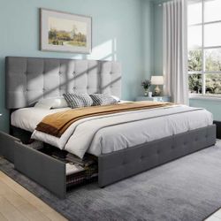 King Upholstered Platform Bed, 4 Drawers, Adjustable Tufted Headboard, Wood Slats, No Box