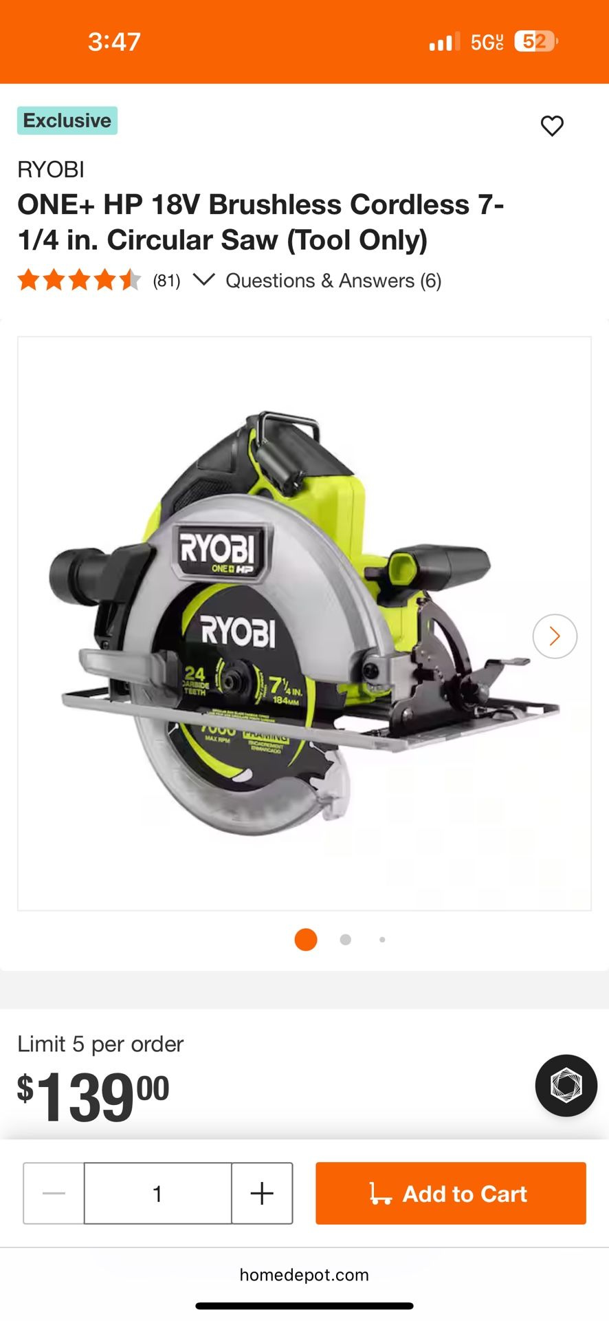 ONE+ HP 18V Brushless Cordless 7-1/4 in. Circular Saw (Tool Only)