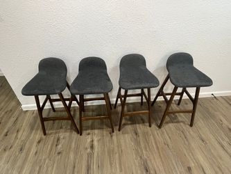 Noble House Counter Stools, Set of 4 — Gray Fabric, Walnut Legs (Some Staining)