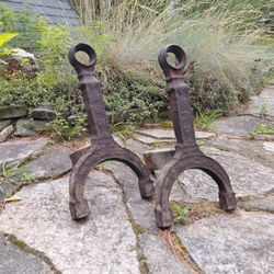 Antique cast iron loop top andiron pair - +200 yr old fireplace andirons