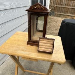 Vintage Wooden Jewelry Antique Cabinet Box w Etched Glass Mirror & Rotating Ring