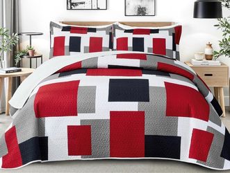 New Red Black Grey Queen Size Quilt Bedding Set Bedspread Coverlet