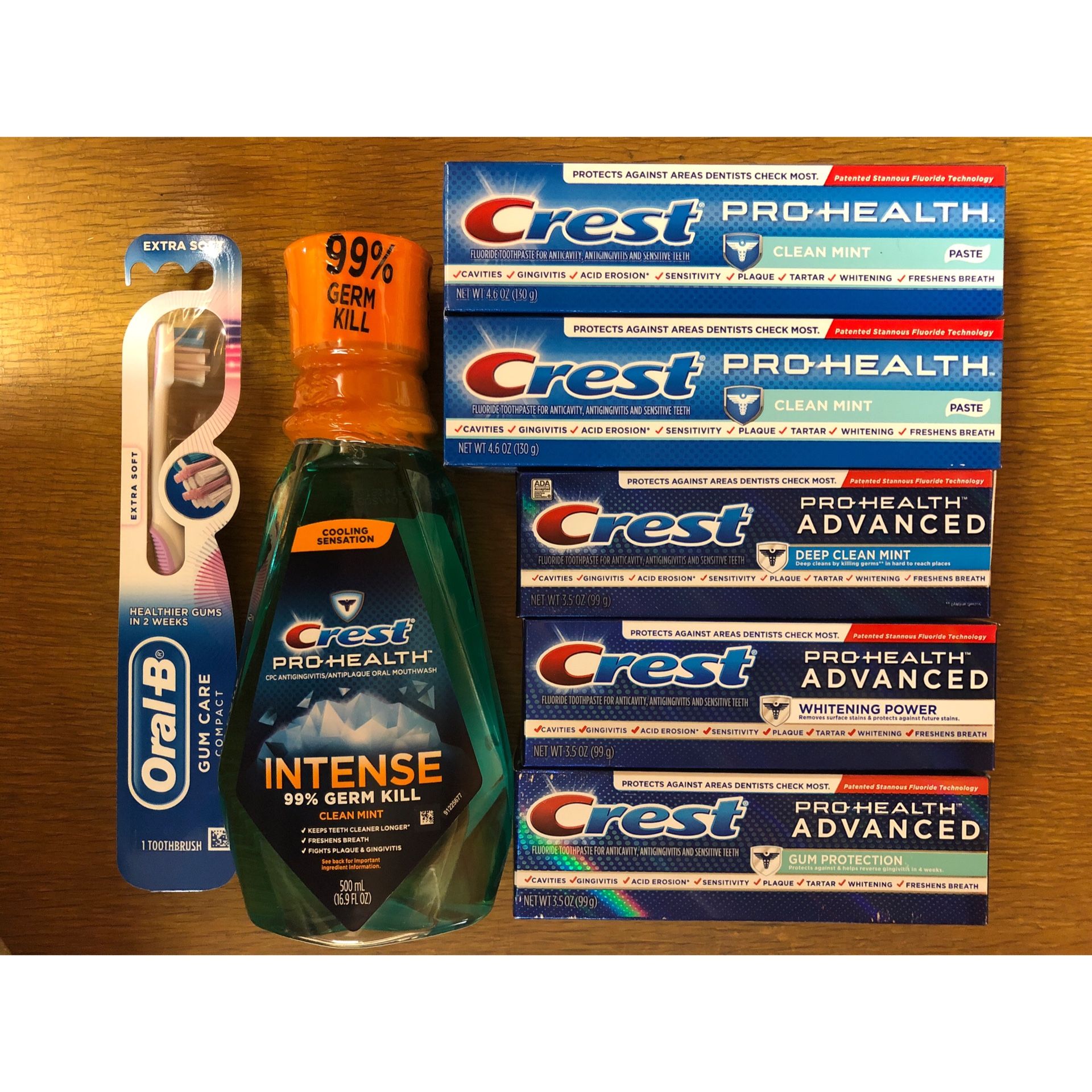 Crest toothpaste, mouthwash; Oral-B toothbrush