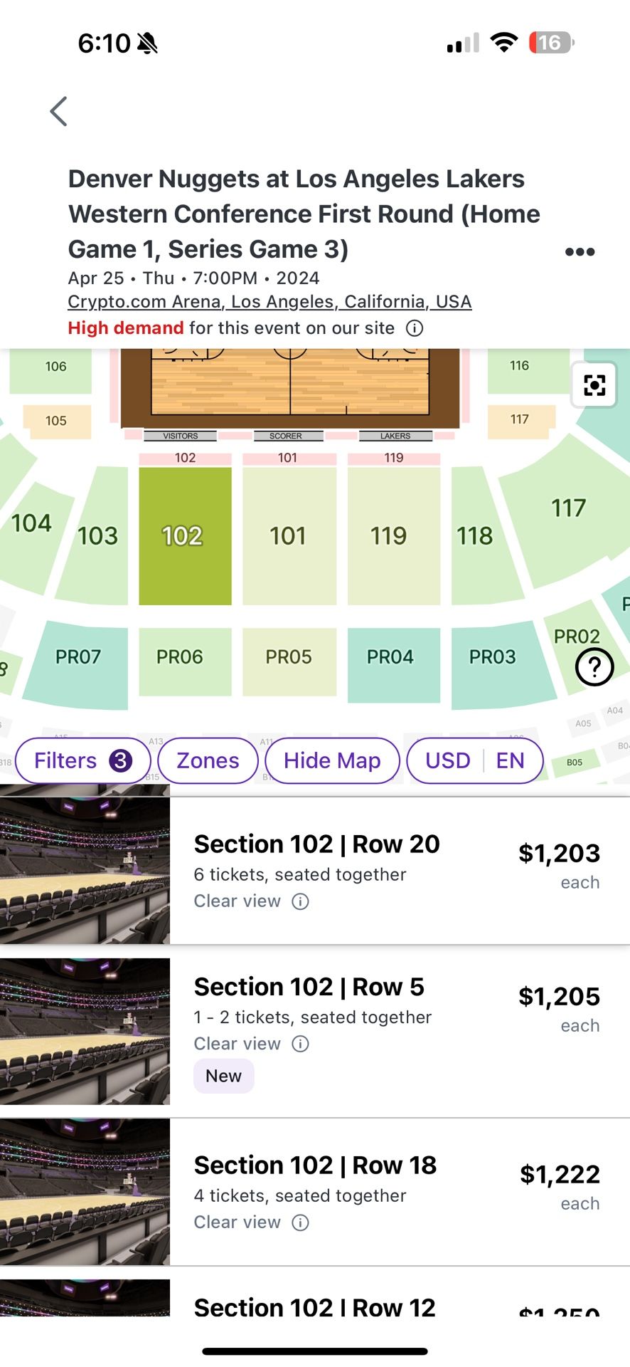Nuggets Lakers Tickets Home Game 1 (Game 3 Of series) — Lower Bowl Section 102 Row 5