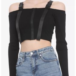 ROMWE: Black Off-Shoulder Long Sleeve Cropped Knit Top w/ Buckle & Zip, Size S