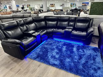 Man-Made Leather Power Reclining Sectional with USB Ports and LED Lighting (Living Room Furniture Special)