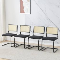 Mid-Century Rattan Dining Chair with Cane Backrest and Metal Frame Upholstered Fleece Seat Accent Chairs Armless Chairs with Metal Legs for Home Kitch