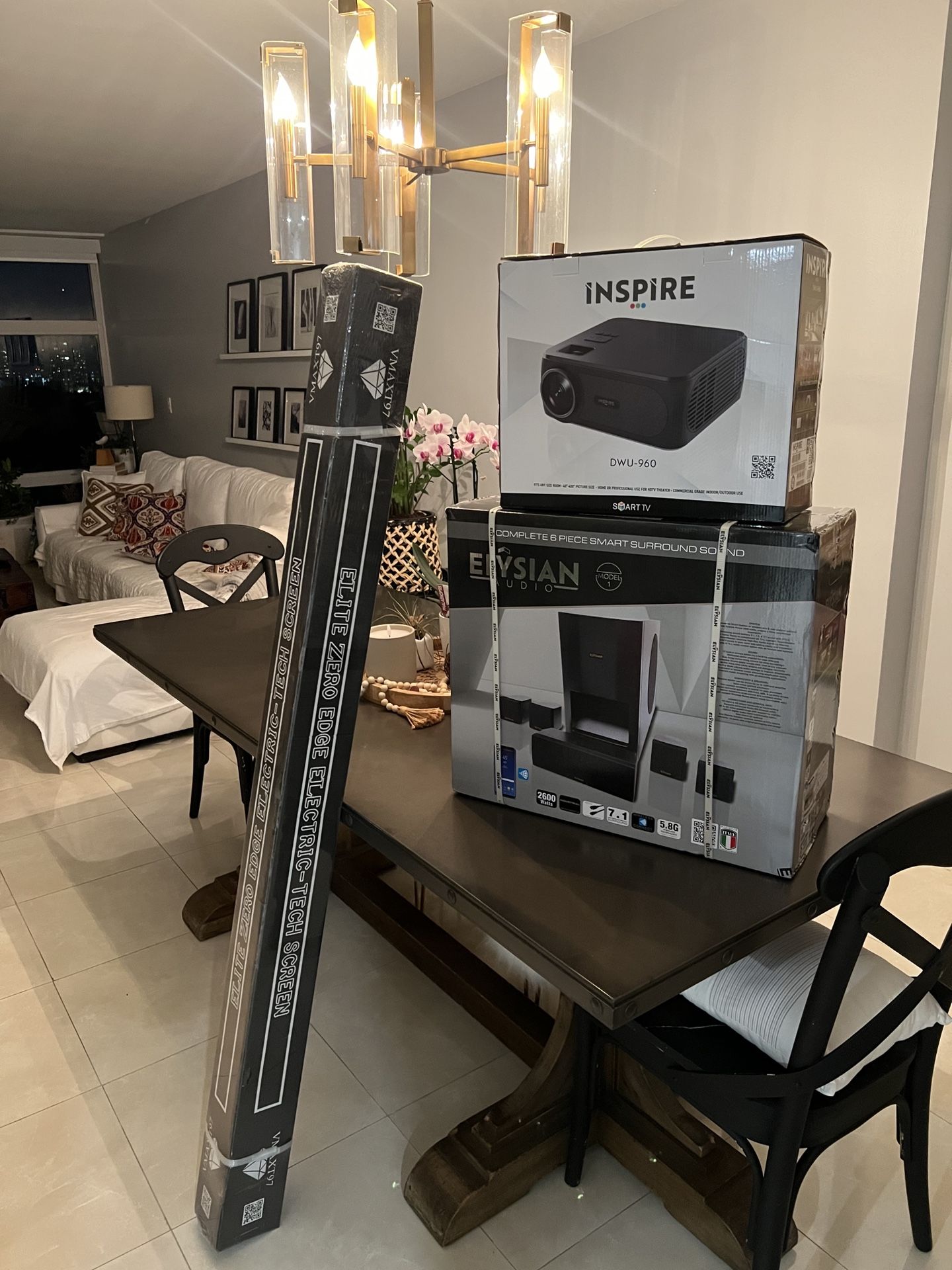 Elite Zero Edge Electric Tech Screen, INSPIRE DWU-960 Projector, And Elysian Audio Complete 6 Piece Smart Surround Sound (model 2) BUNDLE 