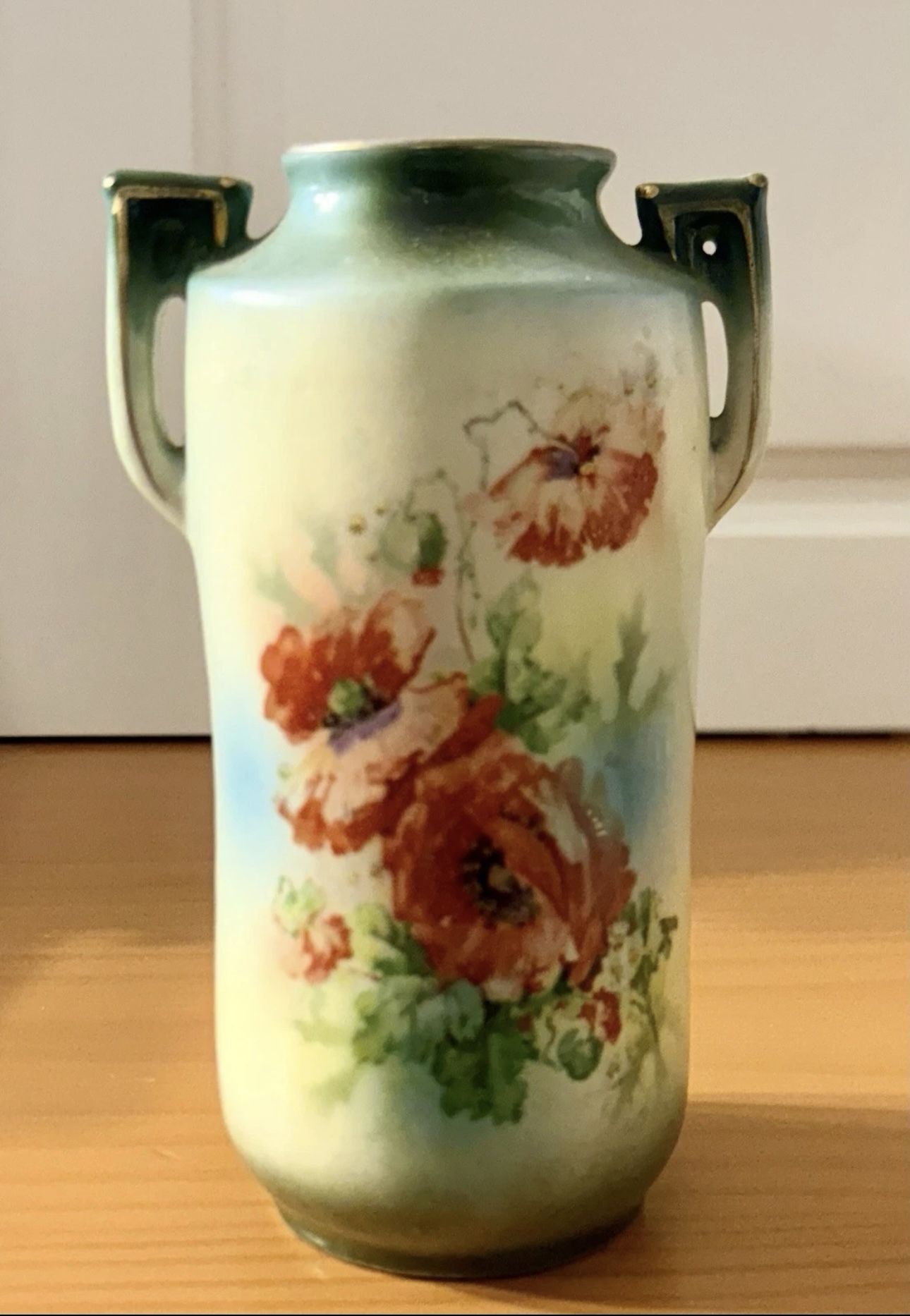 Antique Porcelain Hand Painted Floral Vase Austria Vintage Orange Poppies 6"