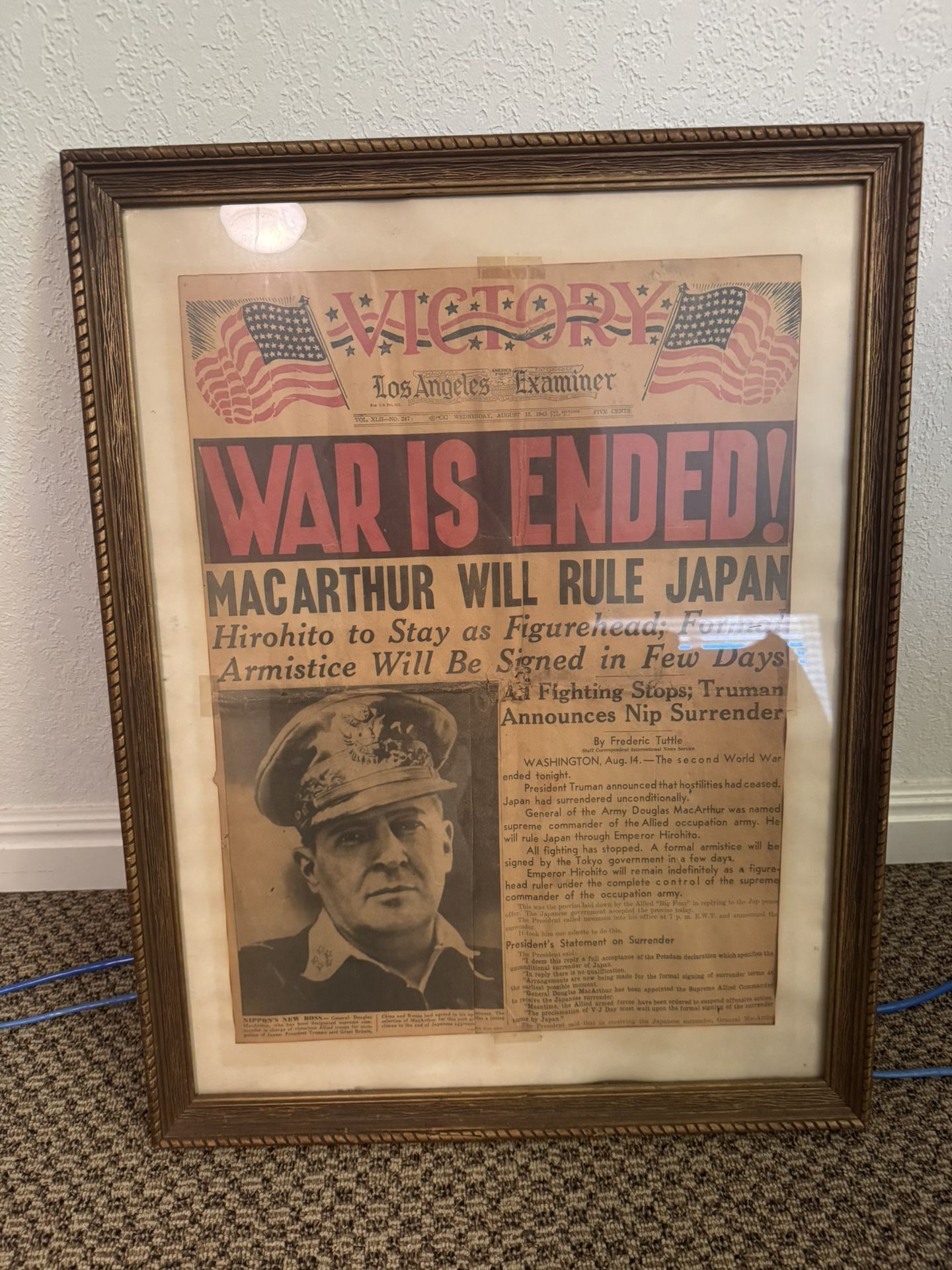Framed Antique Newspaper, Los Angeles Examiner WW2