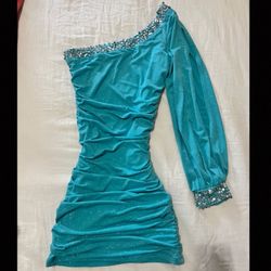 Vintage Teal Mini Dress- Unique One Shoulder Dress