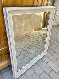 Gorgeous Large 38” Baroque Style Carved Wood Whitewashed Wall Mirror