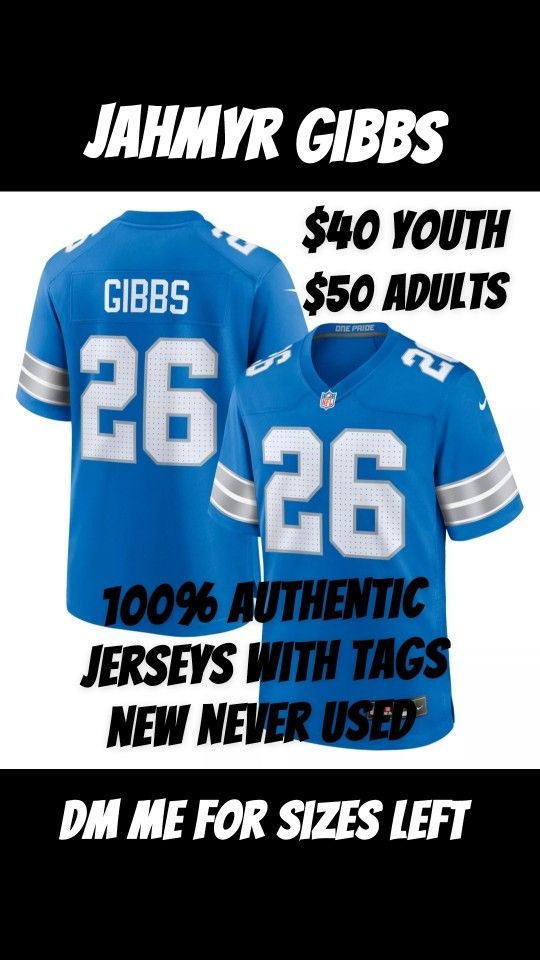 JAHMYR GIBBS 100% AUTHENTIC NFL NIKE GAME JERSEY WITH TAGS. NEW NEVER WORN
