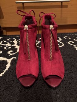 Red Suede Open-Toe Ankle Booties Bella Vita