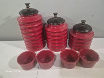 Pier 1 Imports Ribbed Ceramic Canister Set & Ramekins - Cajun Red Speckled