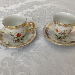 2 Demitasse Tea Cups & Saucers Made In Czech Republic Floral & Gold Trimmings