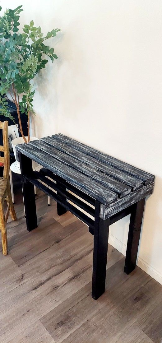 30"H X 36"W X 16"D (4 Planks) 🌱 Solid Wood Console Table with Shelf ::: Distressed Black/Silver Drop