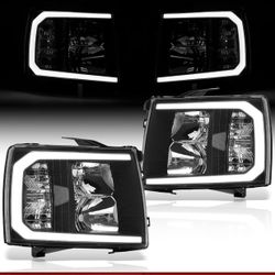 07 - 13 Chevy Silverado LED DRL Black Headlights Bumper Signal Lamps Assembly Pair Compatible/Replacement For Silverado 1500 RST 2500HD 3500HD 