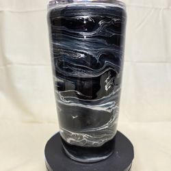 Handmade 20oz Epoxy Tumbler – Black And Silver Alcohol Ink Swirl