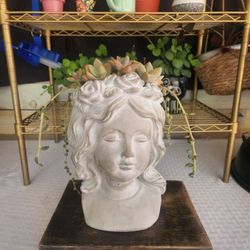 Cement Statue Planter With Succulent Plants 