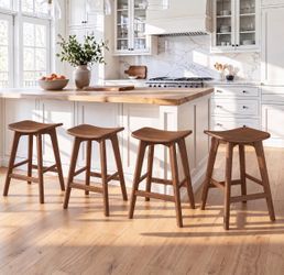 Set Of 4 LUE BONA 24" Bar Stools Solid Rubberwood Frame, Backless Saddle Counter Height Barstools, Modern Wooden Counter Stools for Kitchen Island, D