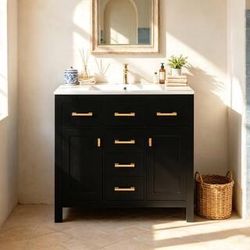 36 in. W Black Freestanding Bath Vanity with White Ceramic Top Sink,4 Drawers & 2 Cabinets,StorageN710P247494B