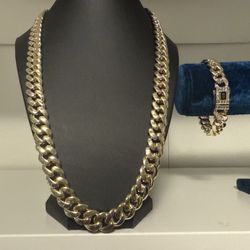 14K Gold Plated Cuban Link Necklace and Bracelet Set
