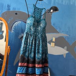 Floral Blue Dress With Lace Back