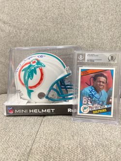 Miami Dolphins Mark Duper signed mini helmet and football card