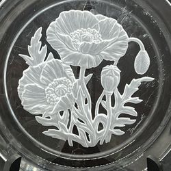 VTG 8.25” Hoya Crystal Etched Glass May Plate "Chrysanthemum" signed T. Yamamoto