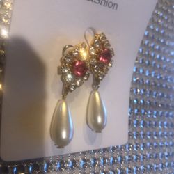 Pink & Clear Rhinestones With Pearl Dangle Earrings 
