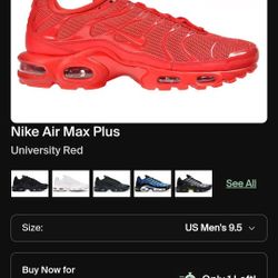 Nike Air Max Plus
University Red
Used
Size 9 women's 
Size 7.5 men's/ 7.5Y