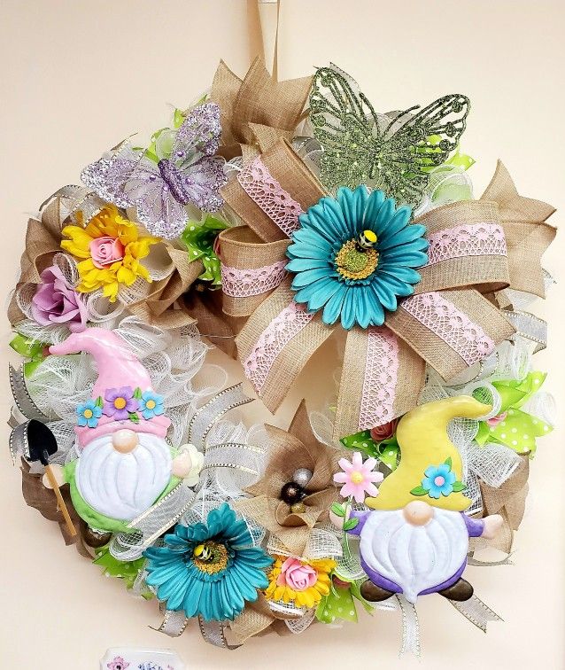 Handmade Flower Spring Gnomes Butterfly Wreath Home Decor Burlap Bow Pastels