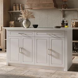 White Finish Wood Top 61 in. Kitchen Island with Adjustable Shelves, Storage Drawers, Built-in Power Outlets